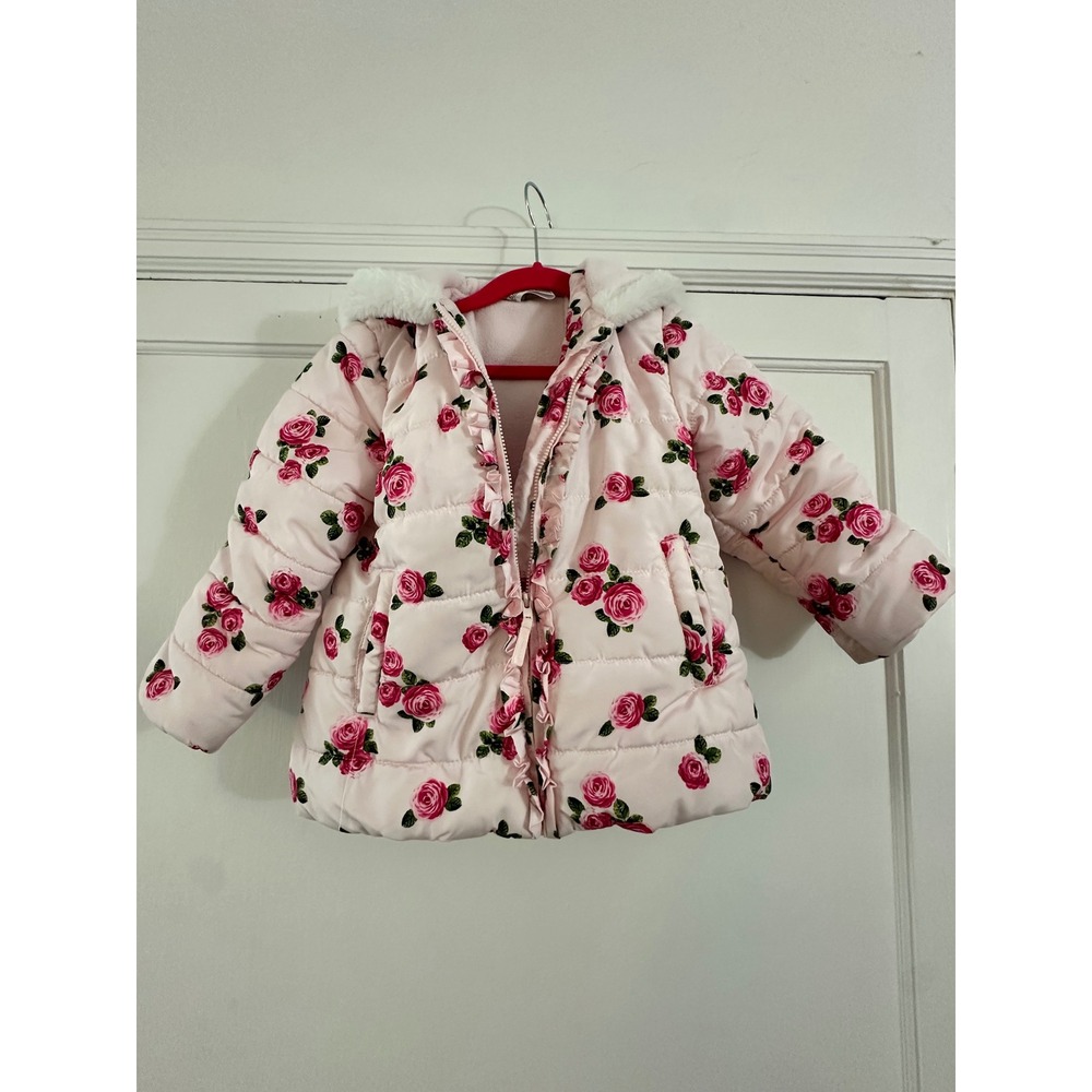 Little Me Girls Pink Rose Puffer Coat Hooded‎ Faux Fur Trim Size 4T